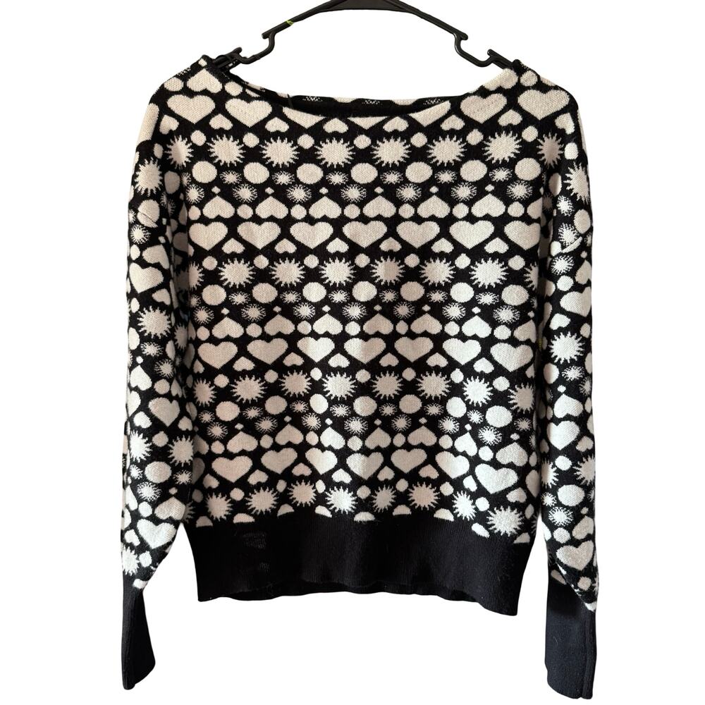 Maeve by Anthropologie Heart Sun Print Sweater XS Black White Pullover